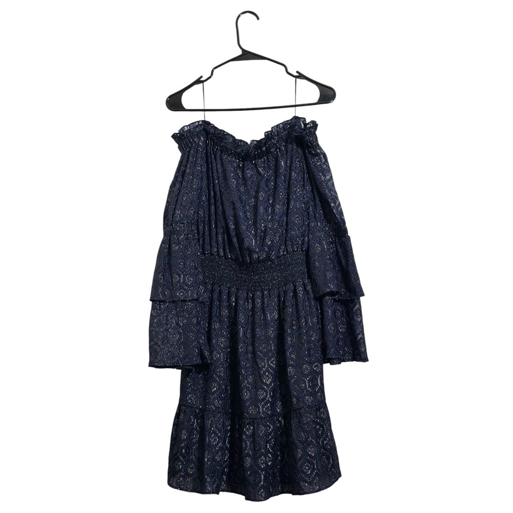 Lucky Brand Navy Blue Metallic Silver Smocked Off Shoulder Mini Dress Women's‎ S